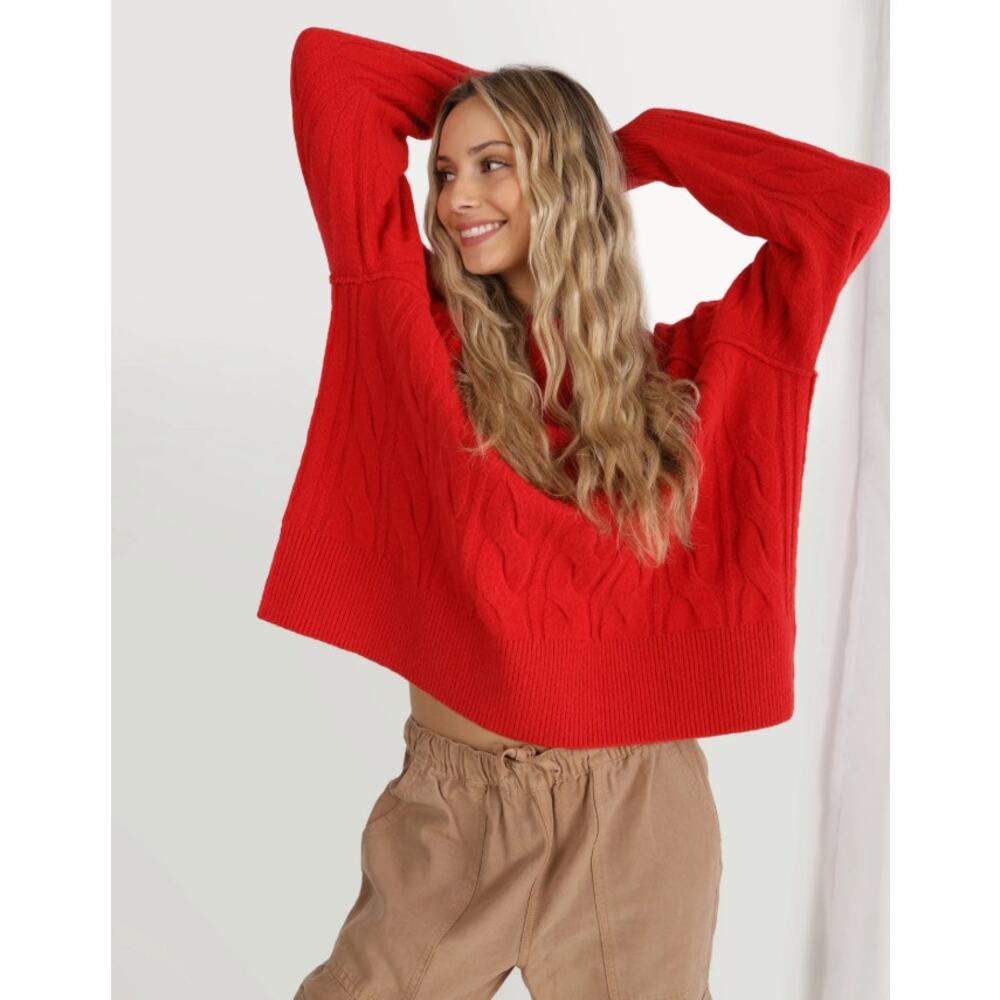 Aerie Unreal Cable Knit Sweater Red Women’s XL Cozy Pullover